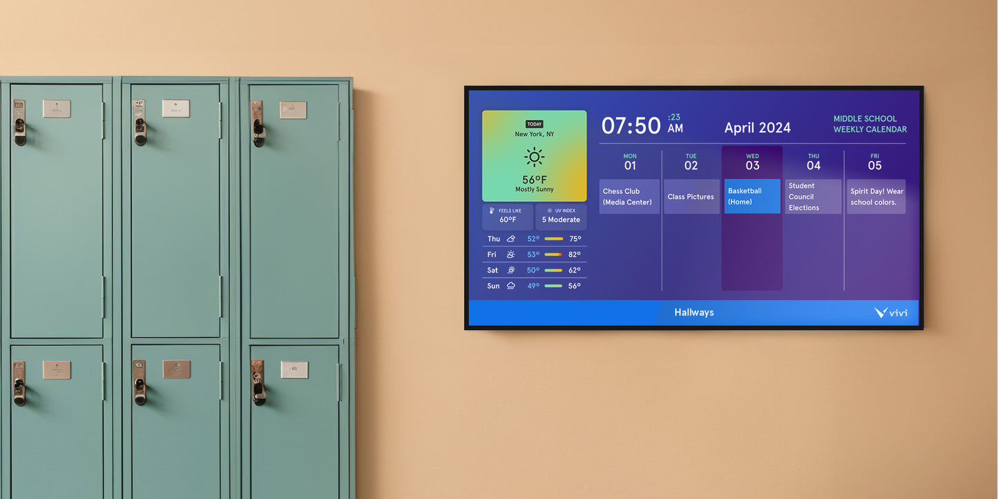 Display board in a school giving announcement about classes and weather