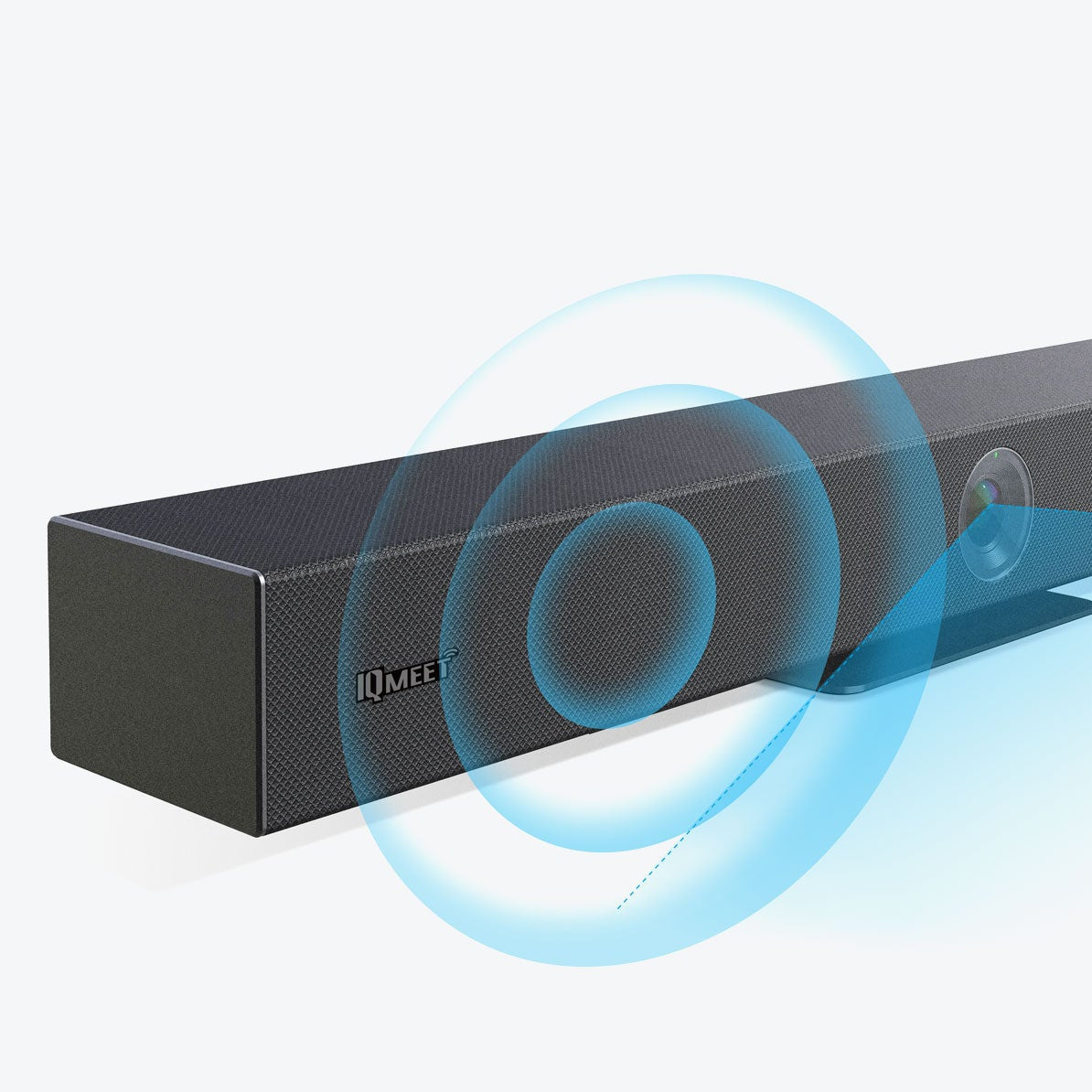 wide sound bar with camera with blue graphic spirals