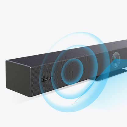 wide sound bar with camera with blue graphic spirals