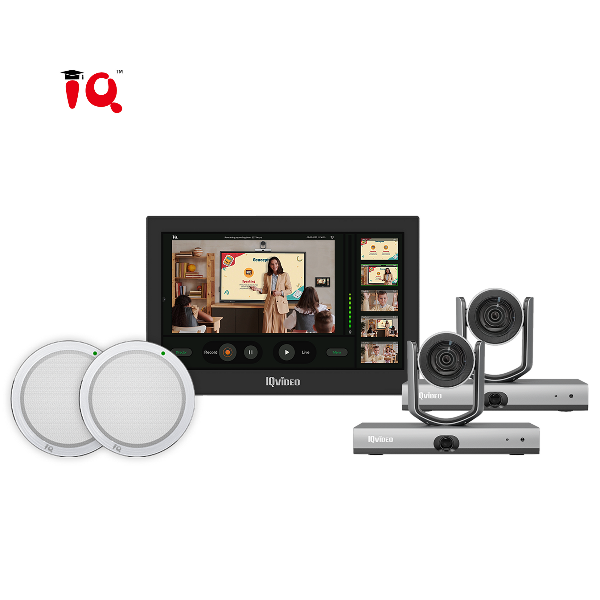 screen, 2 microphones and 2 cameras with IQ logo in left top corner