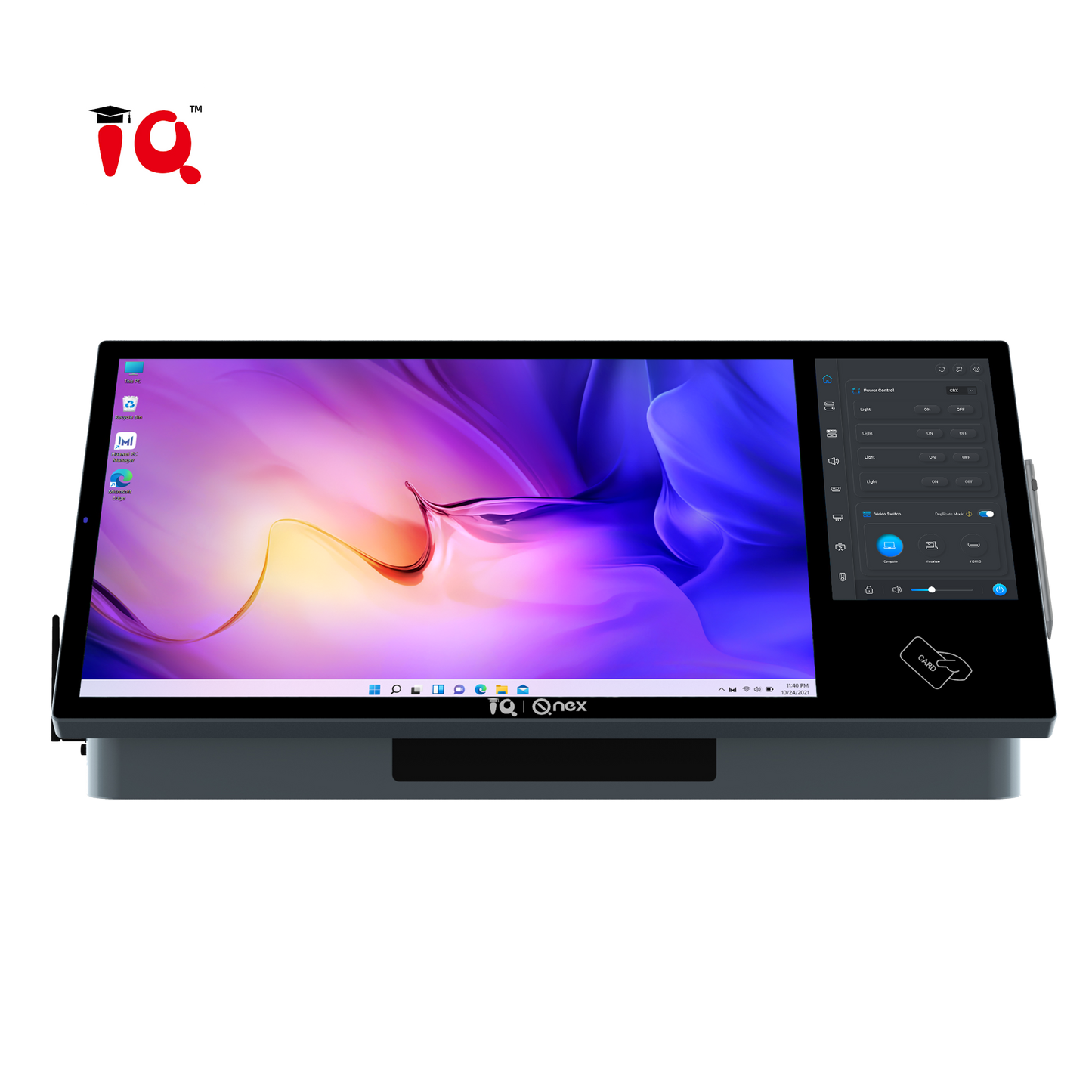 screen for desktop podiums with IQ logo in left top corner