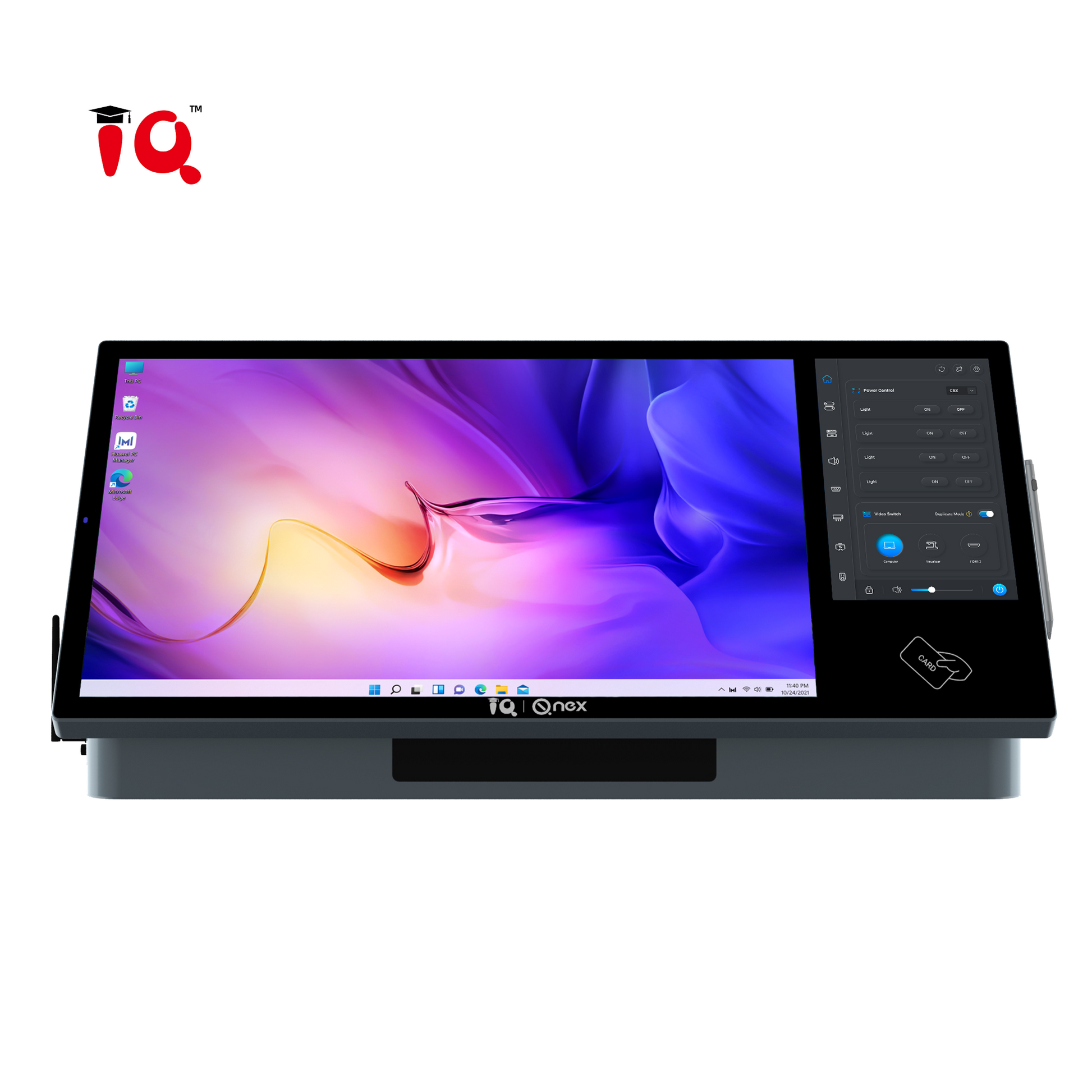 screen for desktop podiums with IQ logo in left top corner