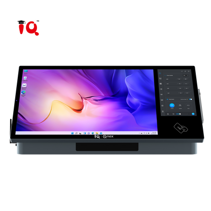 screen for desktop podiums with IQ logo in left top corner