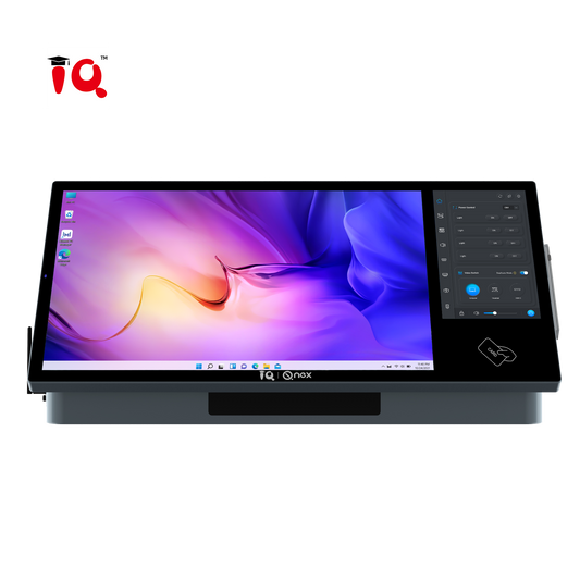 screen for desktop podiums with IQ logo in left top corner