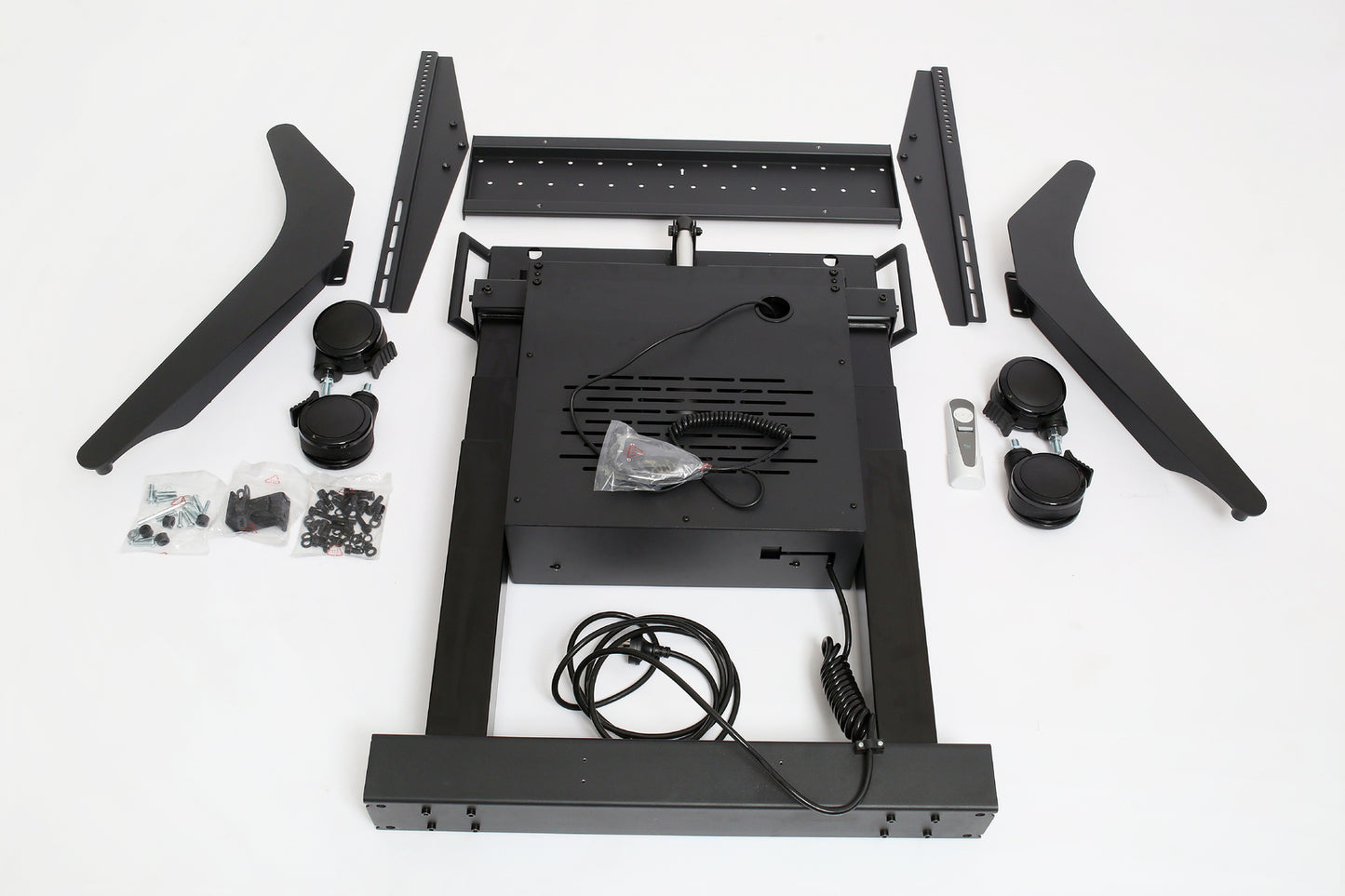 image of tilt-to-table electric mobile stand parts before assembly 