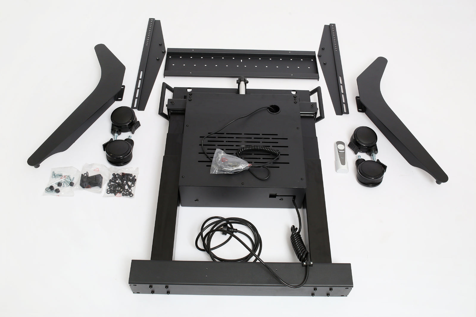 image of tilt-to-table electric mobile stand parts before assembly 