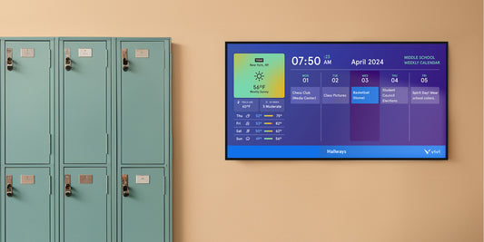 Display board in a school giving announcement about classes and weather